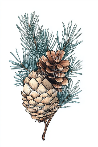 Pine Sprig Cone Tattoo Illustration