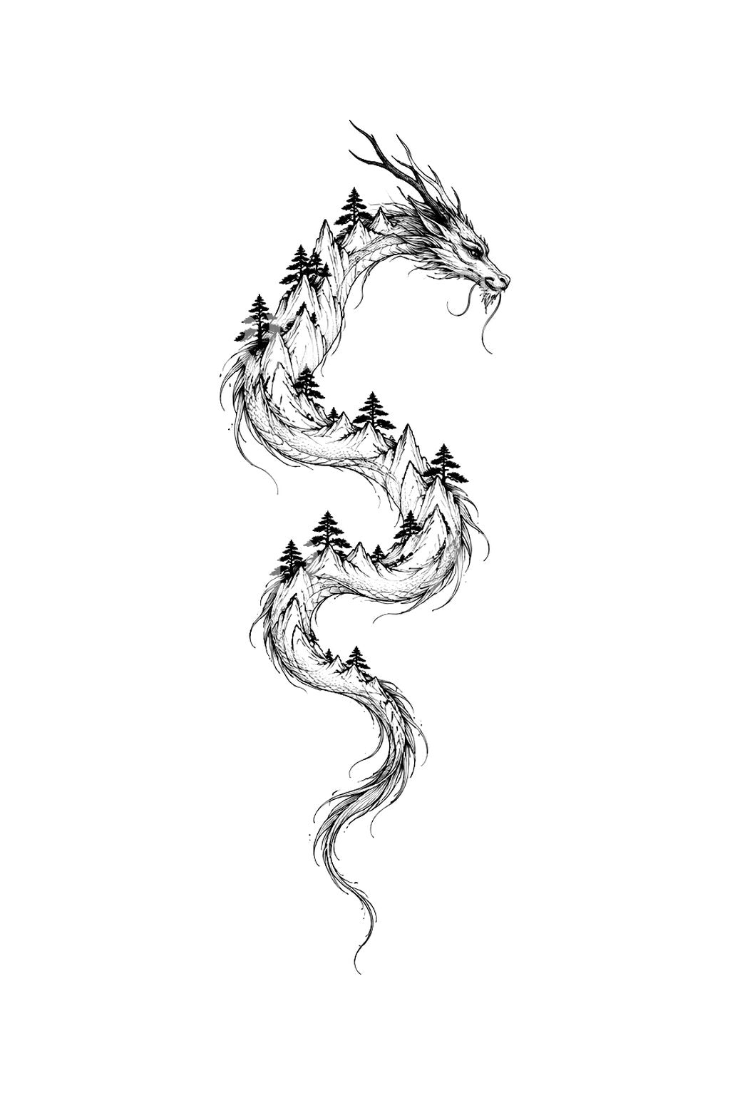 Pine Topped Mountain Dragon Line Art Tattoo Idea
