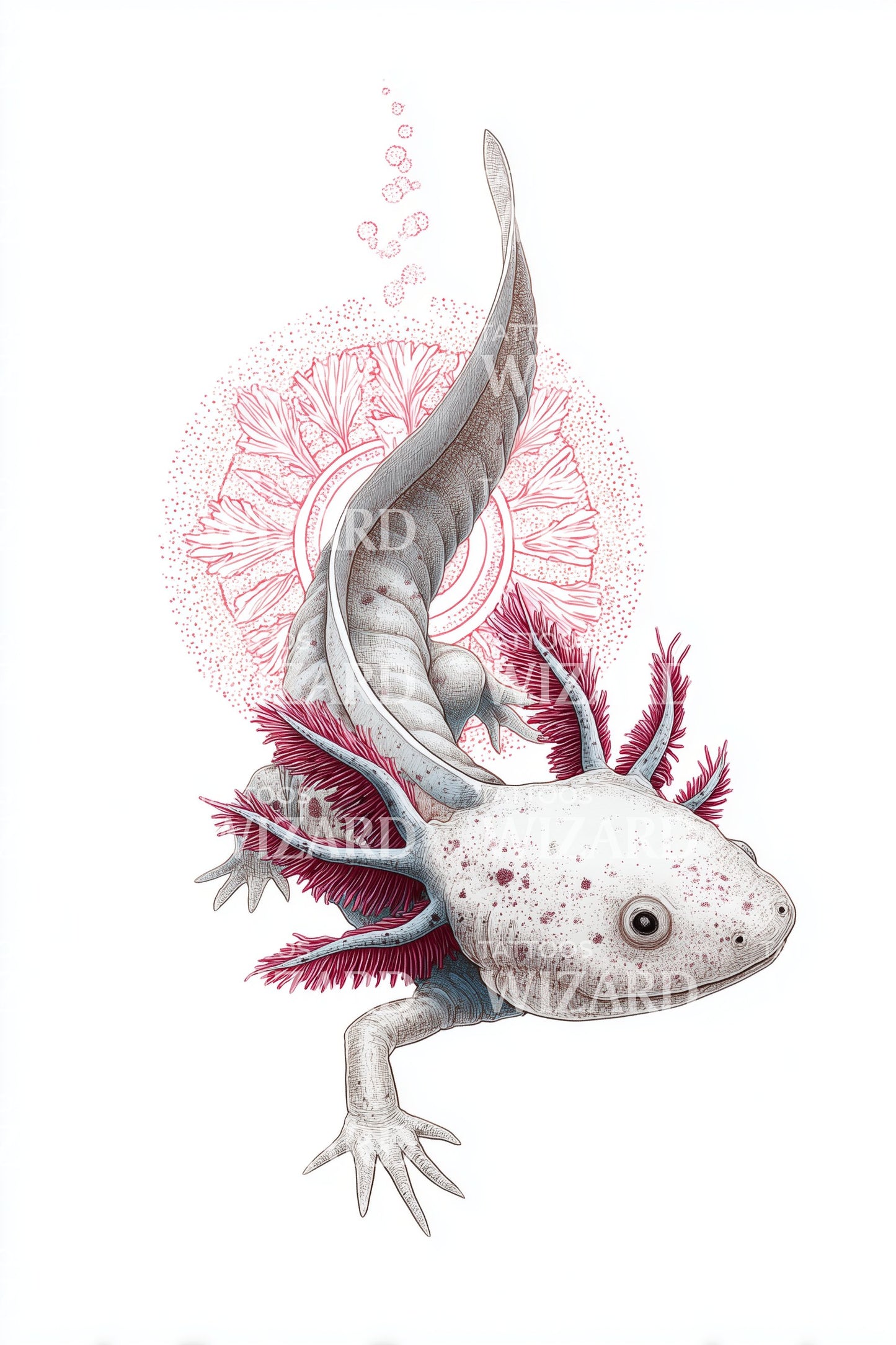 Pink Axolotl Bloom Tattoo Illustration