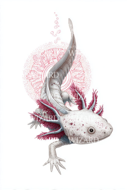 Pink Axolotl Bloom Tattoo Illustration