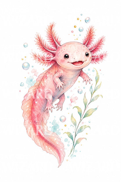 Pink Axolotl Watercolor Tattoo Idea