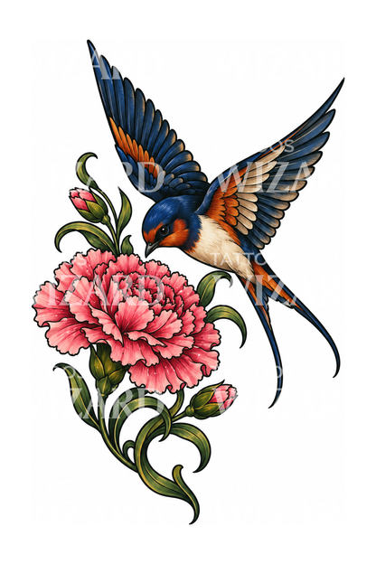 Rosa Nelke mit herabstürzender Schwalbe, Tattoo-Design