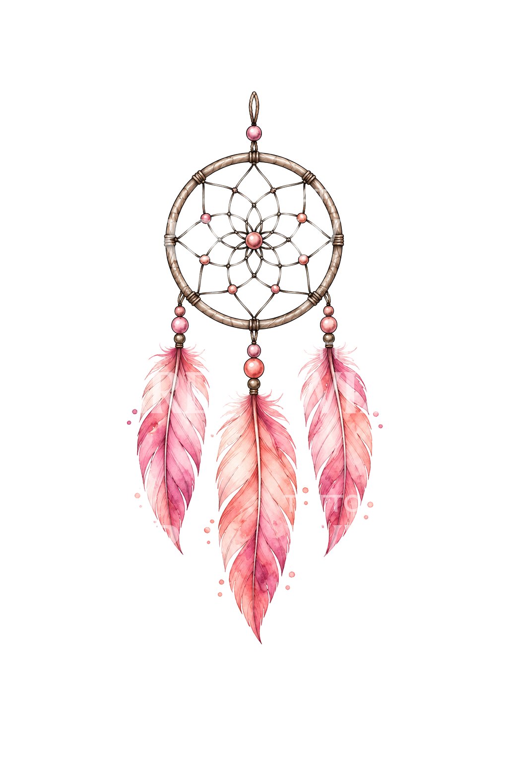 Diseño de tatuaje de atrapasueños con pluma rosa en acuarela