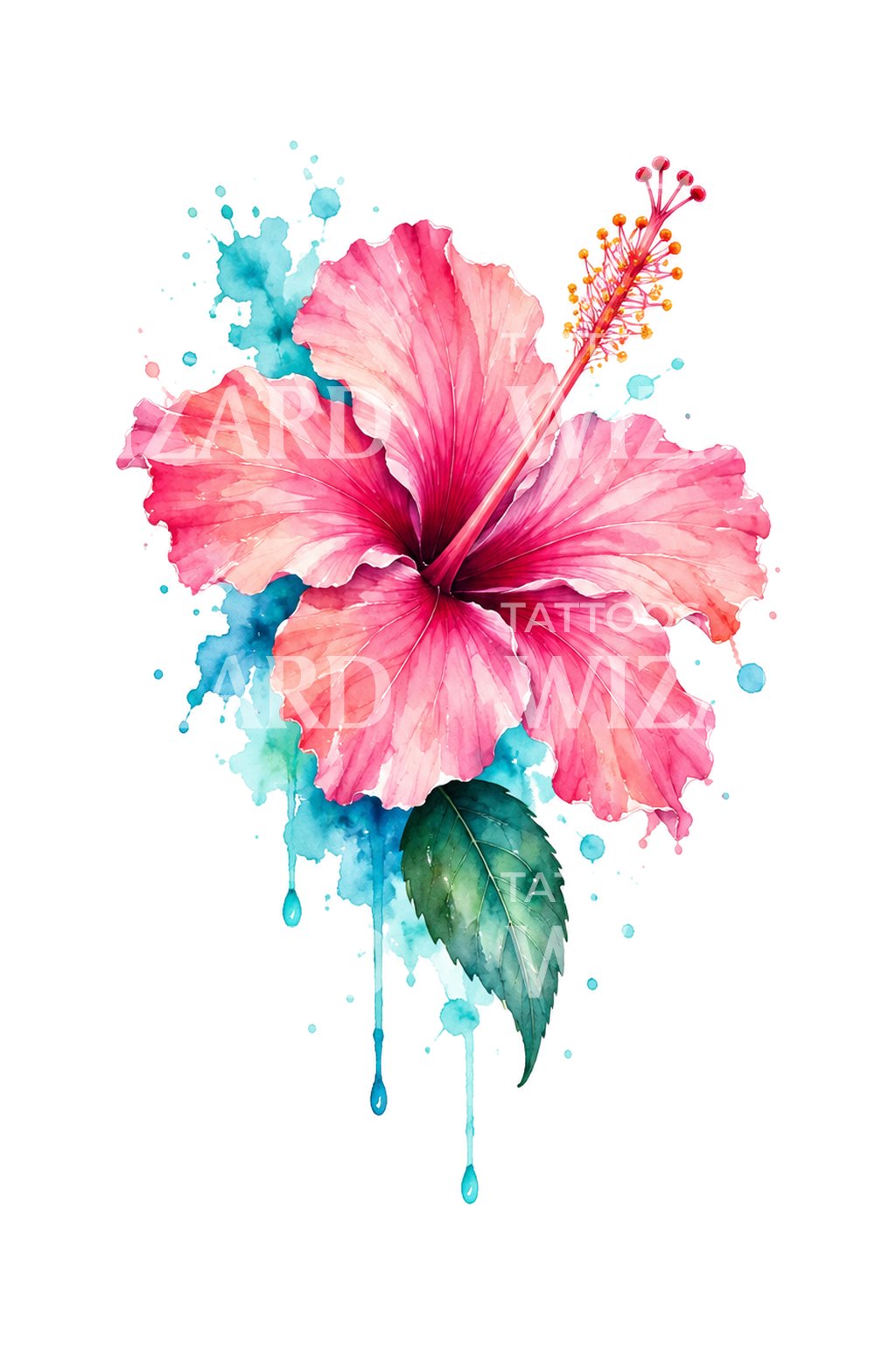Lyserød hibiscus med turkis stænk, tatoveringsdesign
