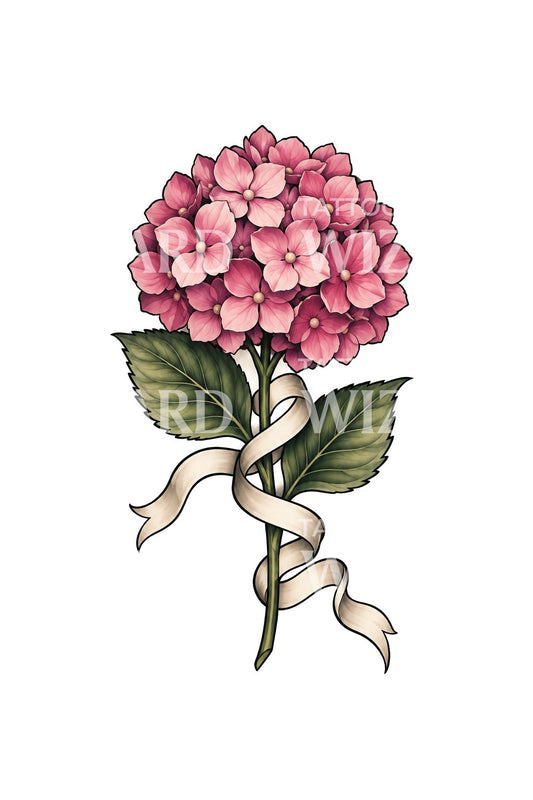 Tattoo-Design mit rosa Hortensie und Schleife