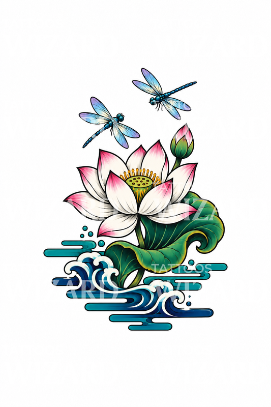 粉色莲花与双蜻蜓纹身设计
