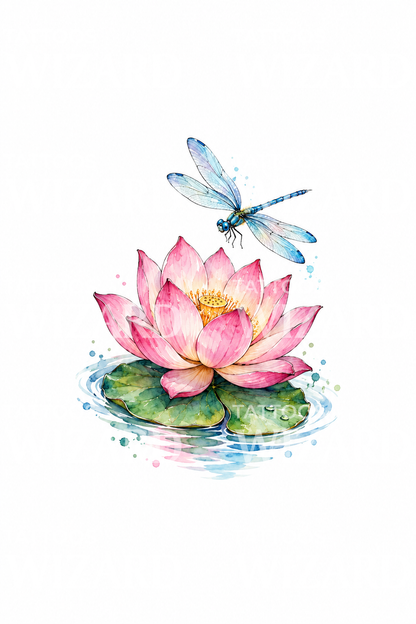 Pink Lotus with Blue Dragonfly Watercolor Tattoo Idea