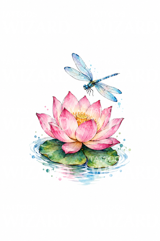 Pink Lotus with Blue Dragonfly Watercolor Tattoo Idea