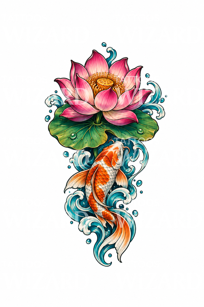 Pink Lotus with Koi Below Tattoo Design