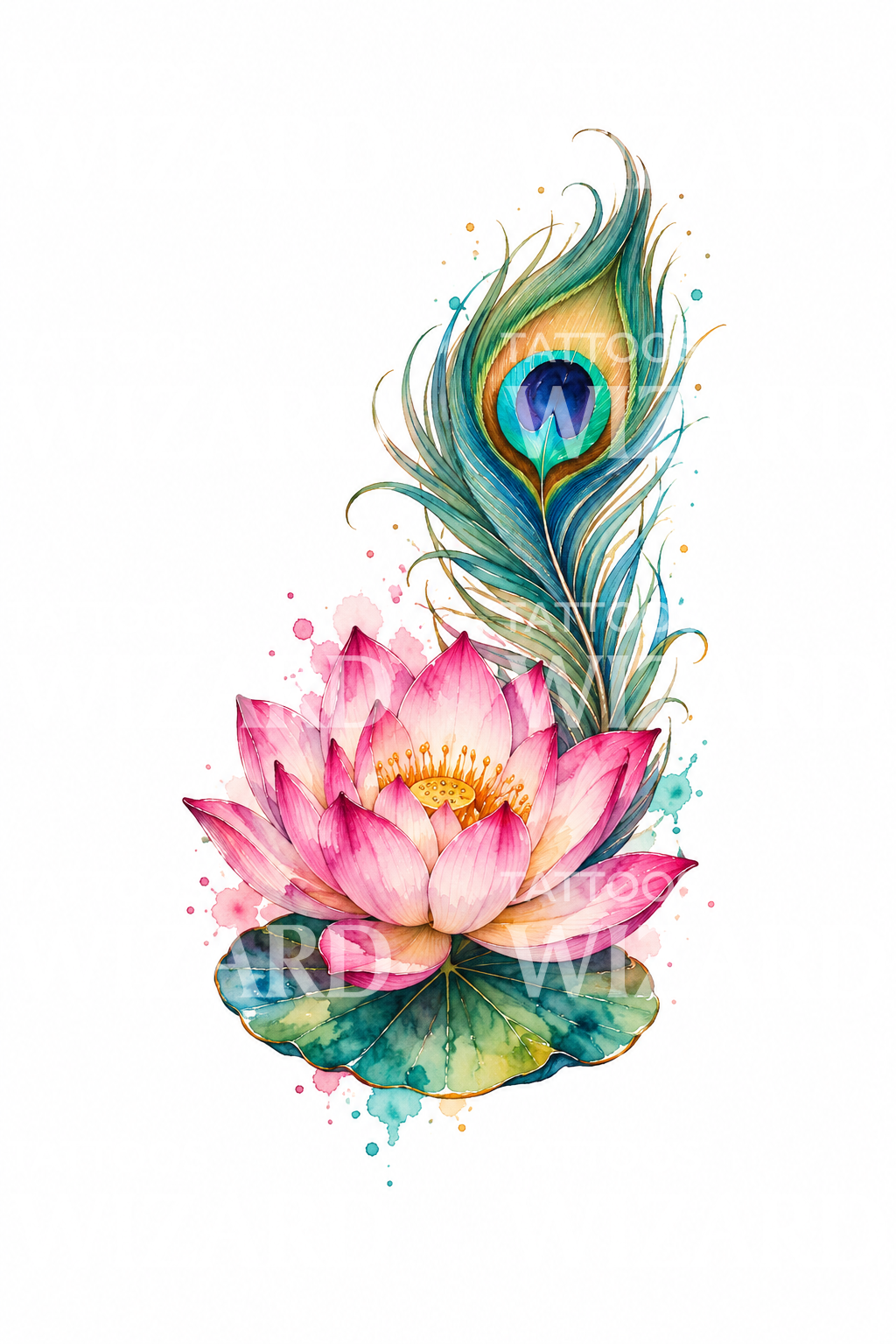 Design de tatuagem de lótus rosa com pena de pavão