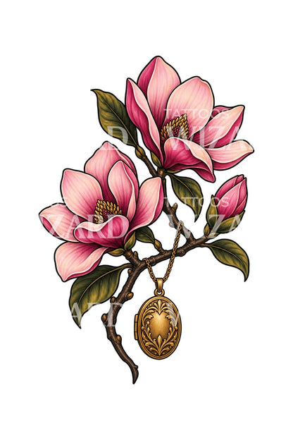 Projekt tatuażu różowej magnolii ze złotym medalionem
