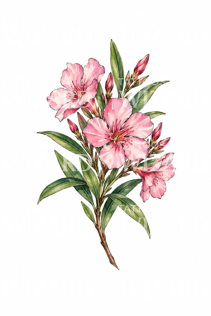 Pink Oleander Branch Watercolor Tattoo