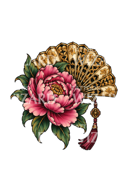 Tatuering med rosa pion och gyllene hopfällbar solfjäder