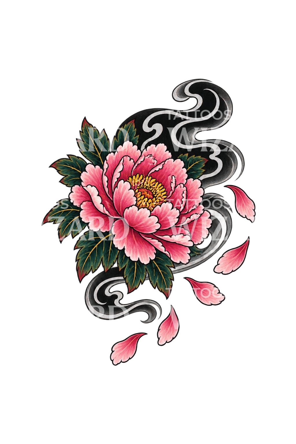 Illustrazione per tatuaggio di peonia rosa nel vento