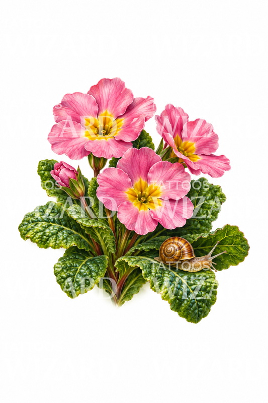 Pink Primroses with Garden Snail Tattoo Design