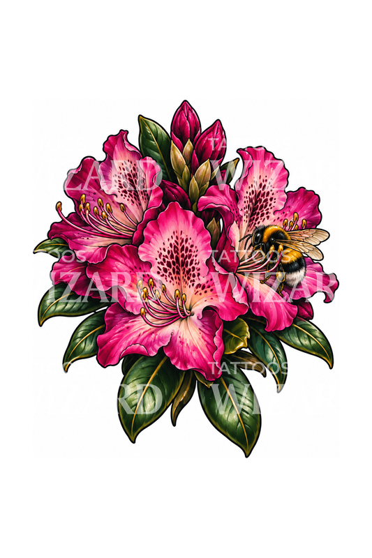 Tatuering med rosa rhododendron och humla