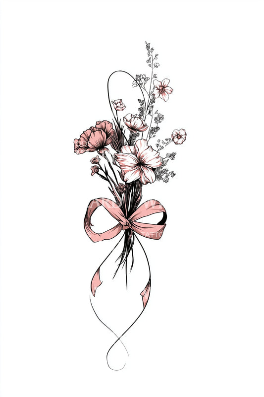 Pink Ribbon Bouquet Tattoo Illustration