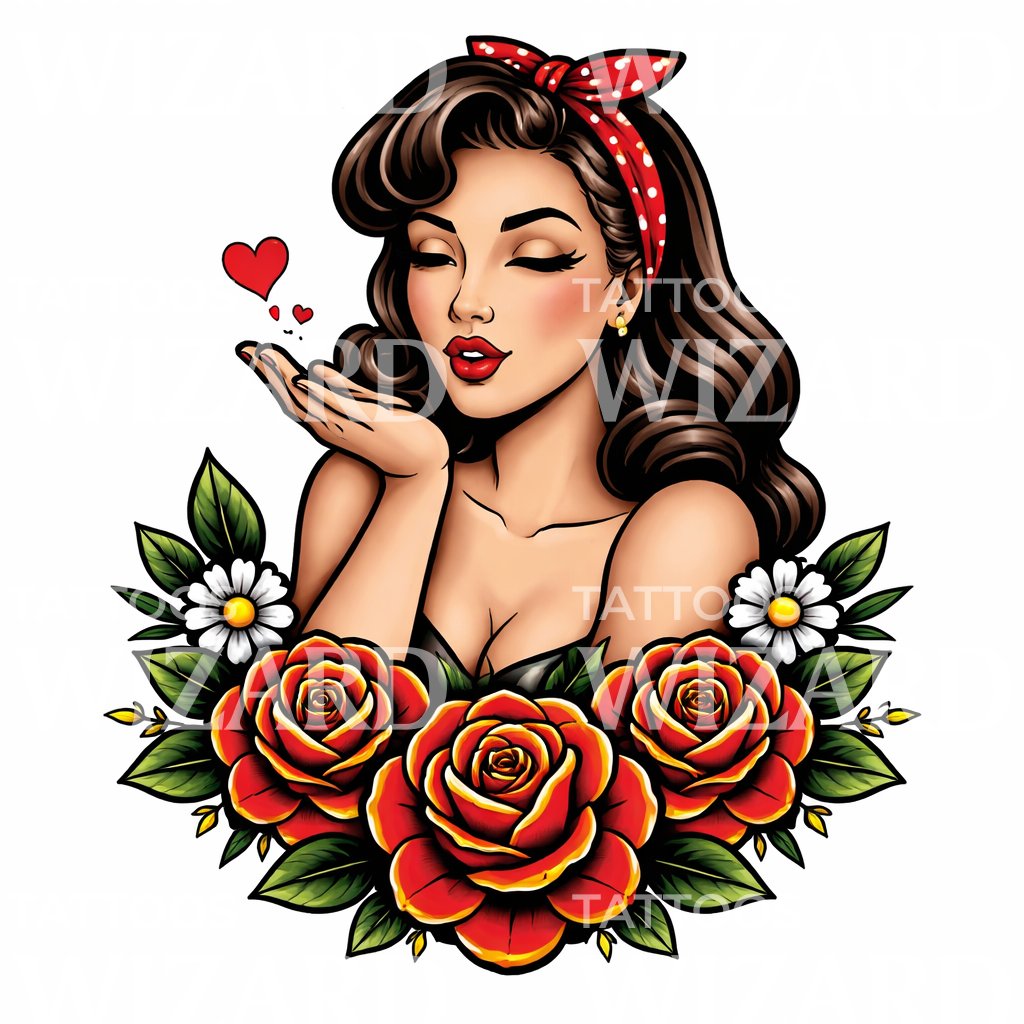 Pinup Rose Kiss Tattoo Design