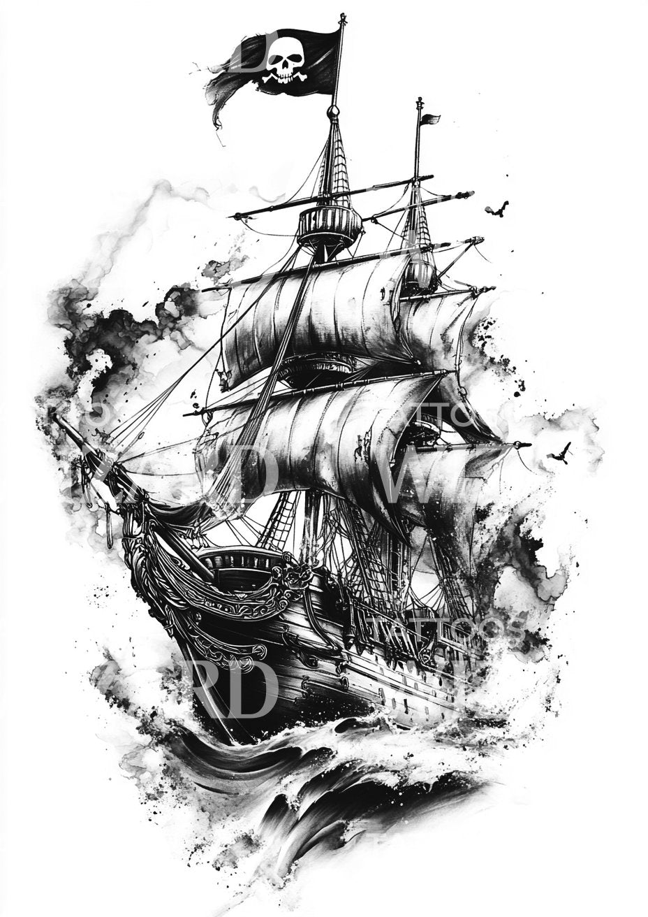 Pirate Ship Crashing Through the Waves Tattoo