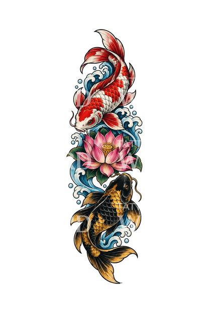 Verticale Vissen-tatoeage met koi en lotus
