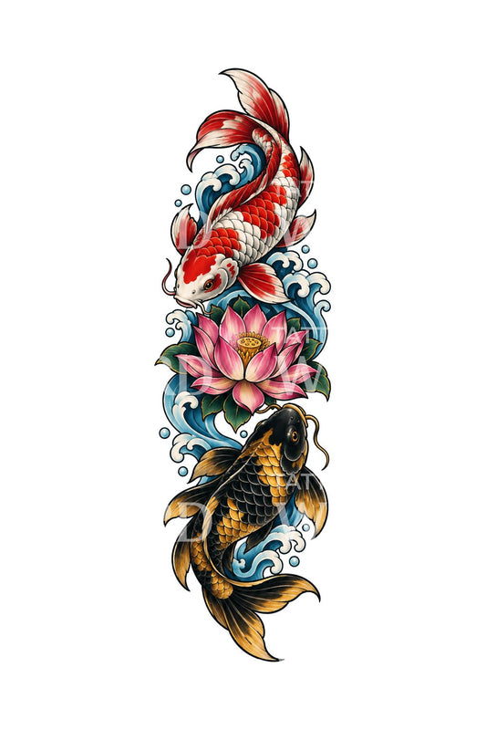 Pisces Koi and Lotus Vertical Tattoo Design