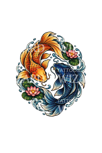 Desain Tato Lingkaran Koi Pisces Emas dan Indigo