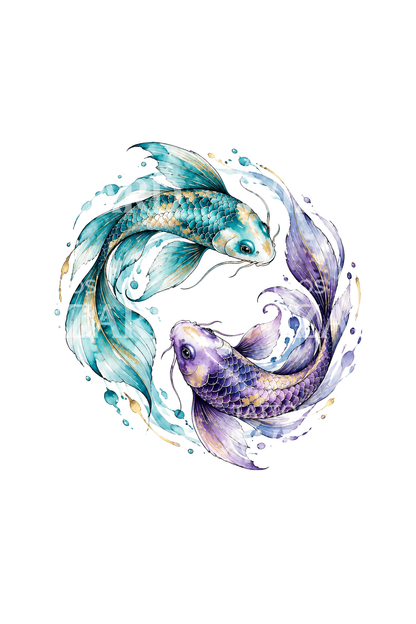 水彩双锦鲤环游双鱼座纹身