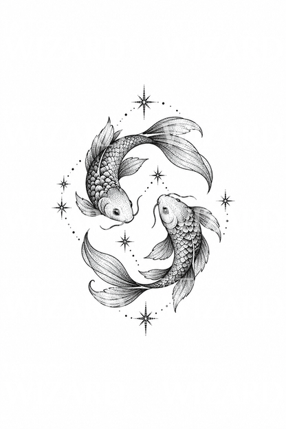 Pomysł na tatuaż Ryb z dwiema krążącymi rybami, dotwork