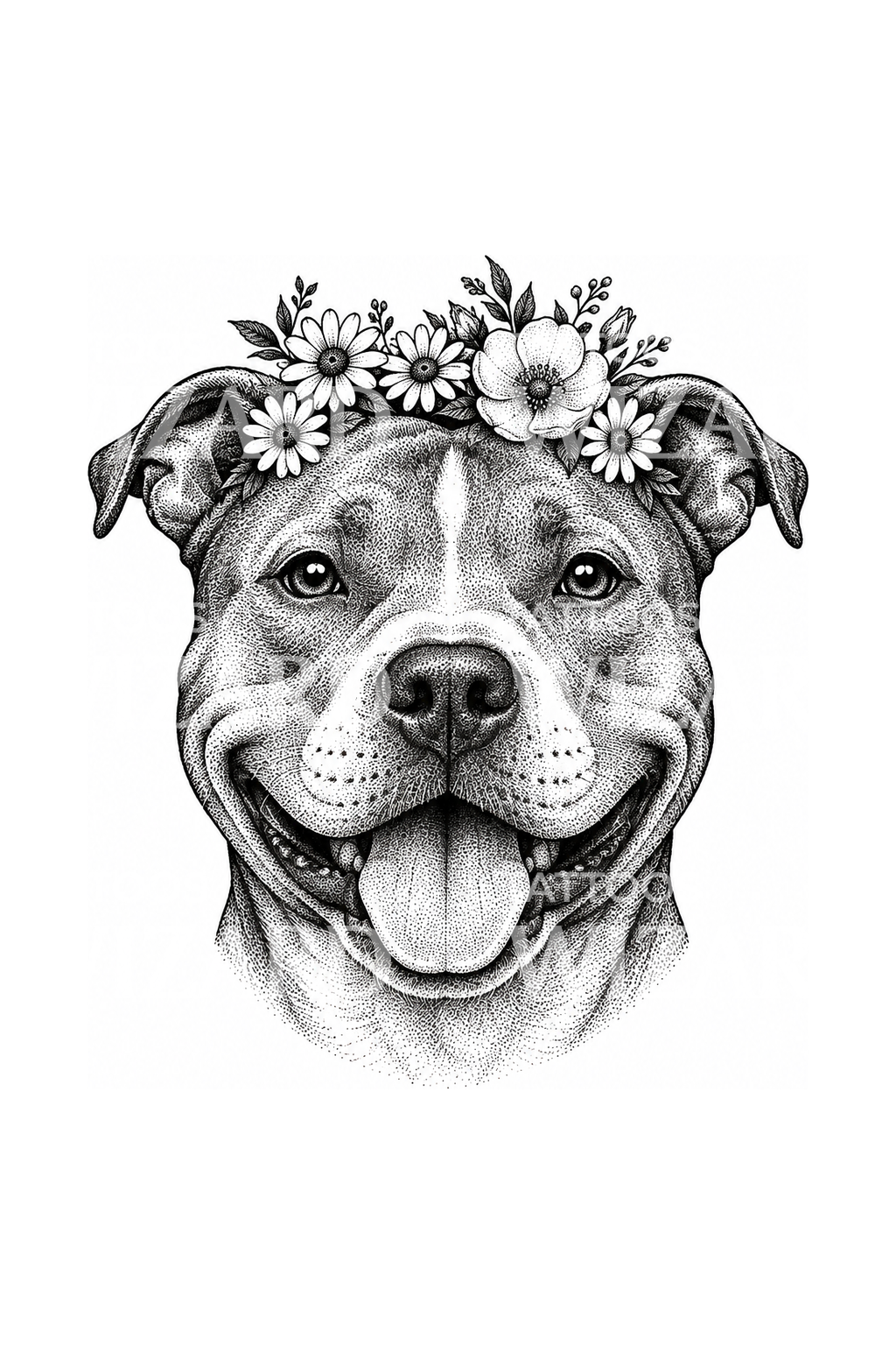 Pit Bull with Flower Crown Stipple Tattoo Design