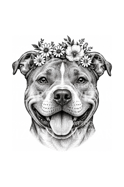 Pit Bull with Flower Crown Stipple Tattoo Design