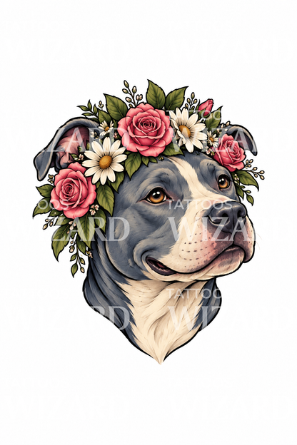 Pit Bull with Flower Crown Tattoo