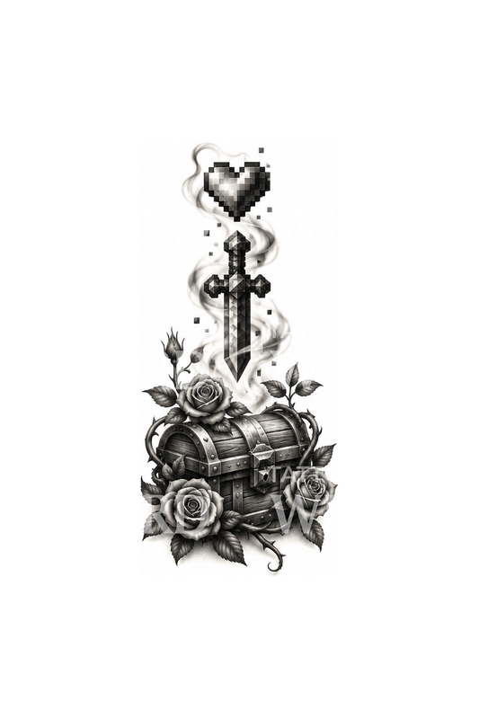 Pixel Heart Sword and Treasure Chest Tattoo