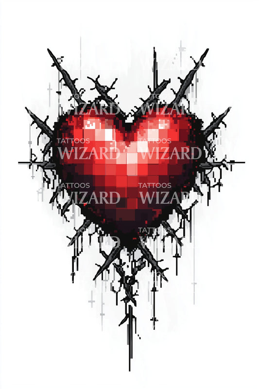 Pixelated Bleeding Heart Tattoo Design