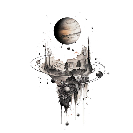 Planet and Landscape Dotwork Tattoo Design