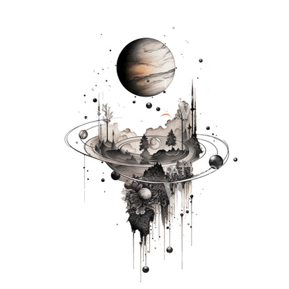 Planet and Landscape Dotwork Tattoo Design