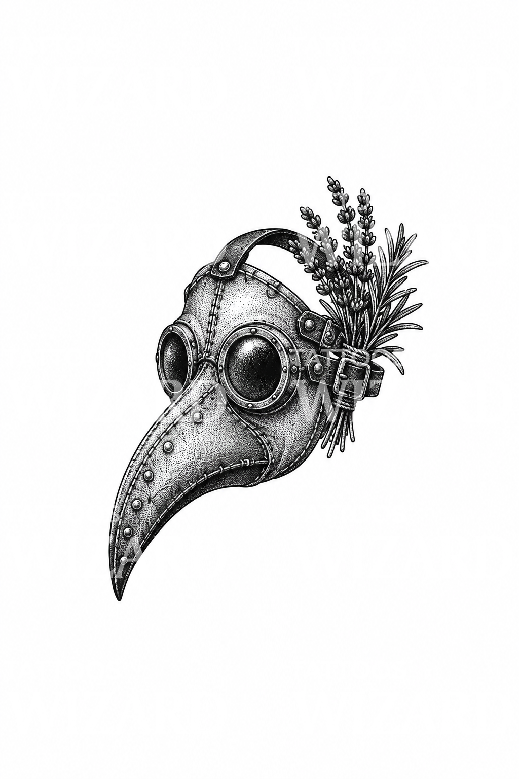 Tattoo einer Pestdoktor-Maske mit Lavendel und Rosmarin