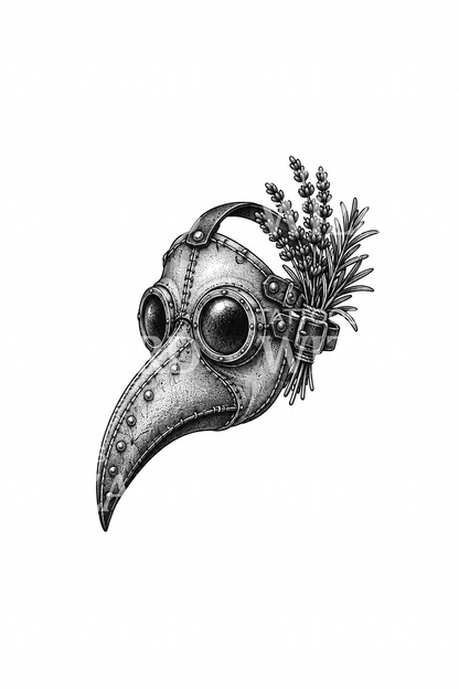 Tattoo einer Pestdoktor-Maske mit Lavendel und Rosmarin