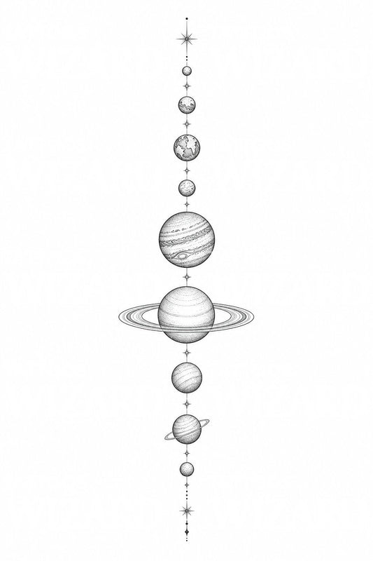 Tetovací návrh řady planet v zarovnání