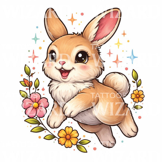 Playful Bunny Floral Tattoo Design