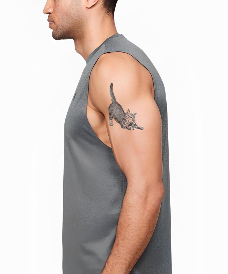 Playful Stretching Cat Tattoo Illustration