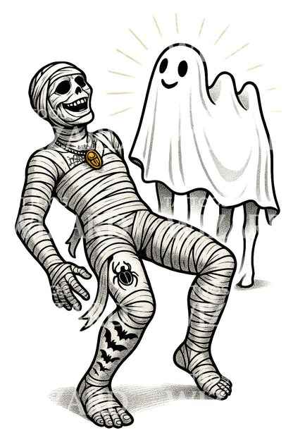 Playful Mummy Ghost Tattoo Illustration