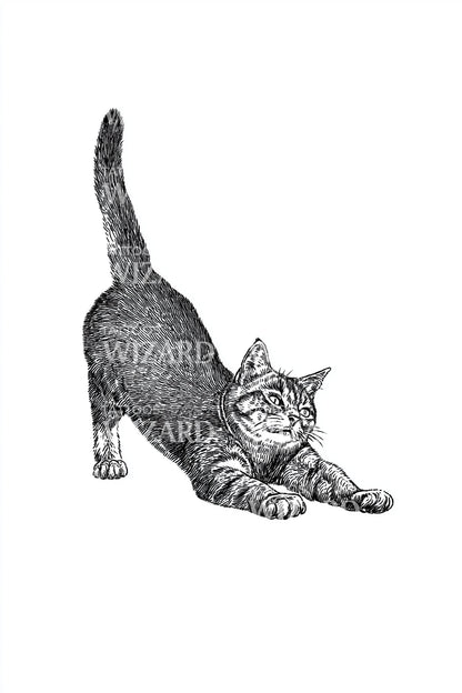Playful Stretching Cat Tattoo Illustration