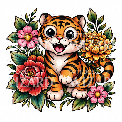 Playful Tiger Floral Tattoo Design