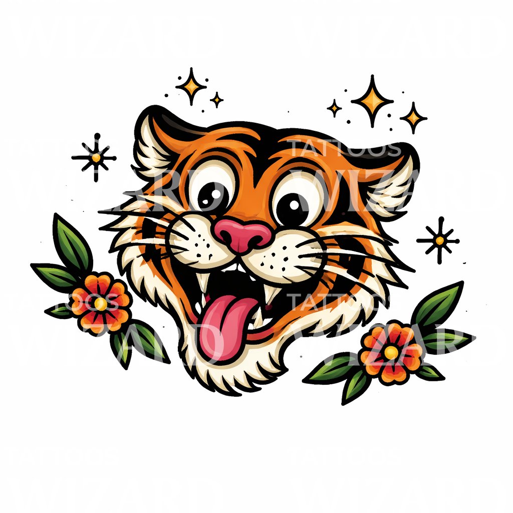 Playful Tiger Head Tattoo Design