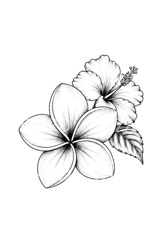 Plumeria og hibiskus i fine line