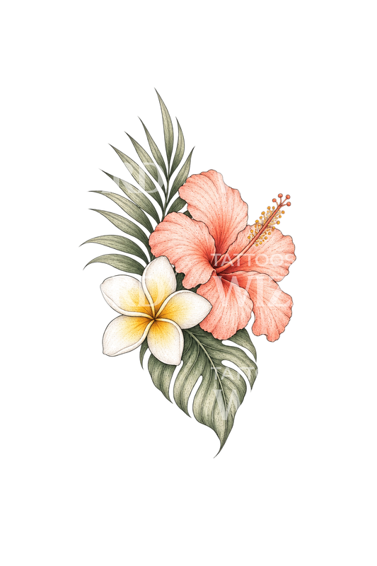 Idée de tatouage tropical plumeria et hibiscus en fine line