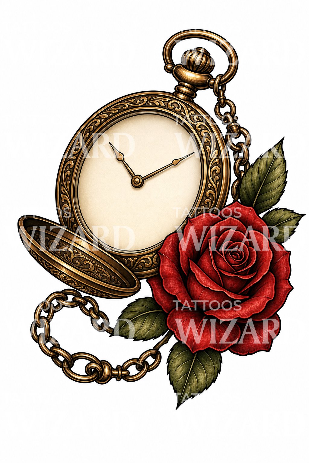 Pocket Watch and Rose Tattoo Design