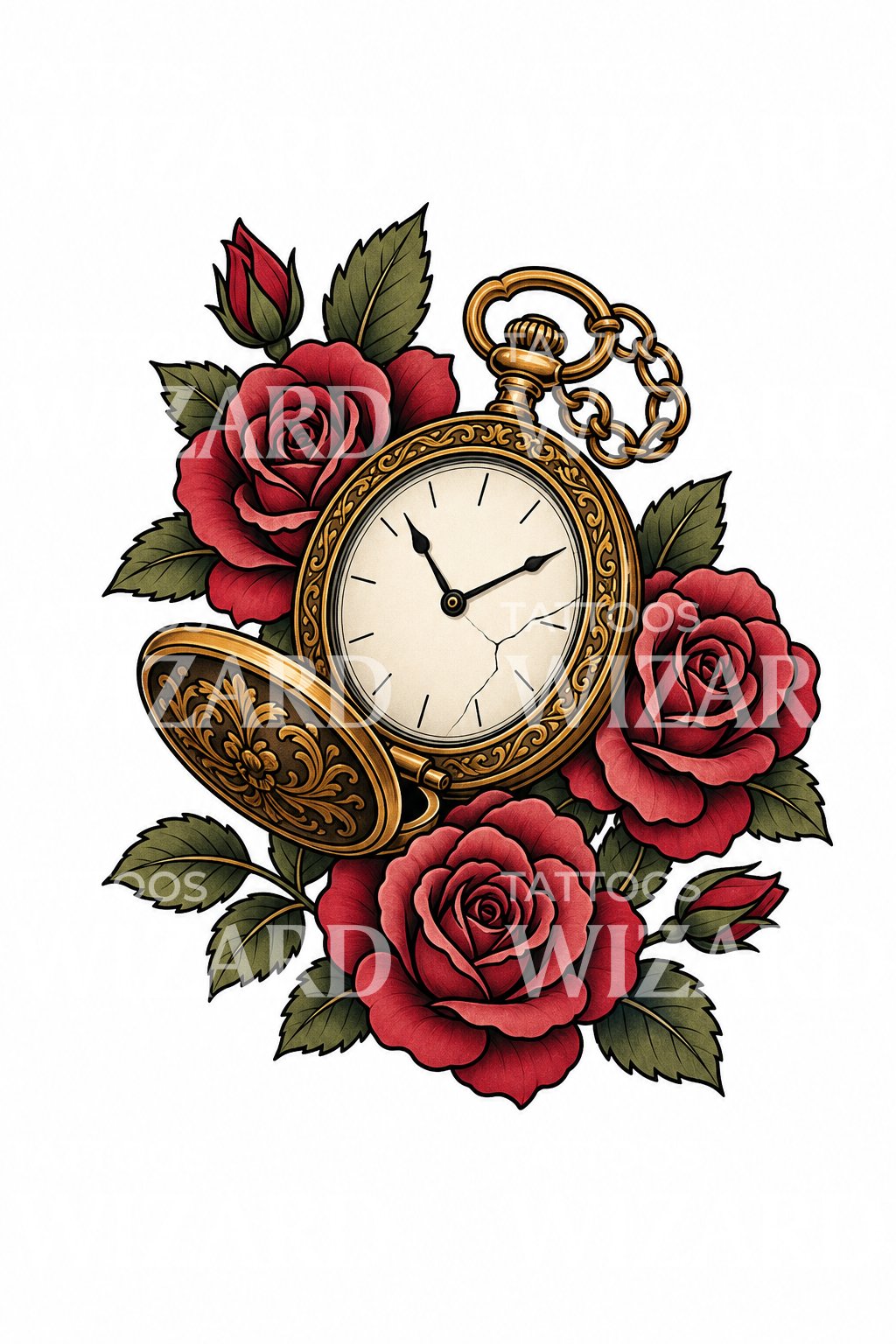 Tatueringsillustration med fickur och rosor