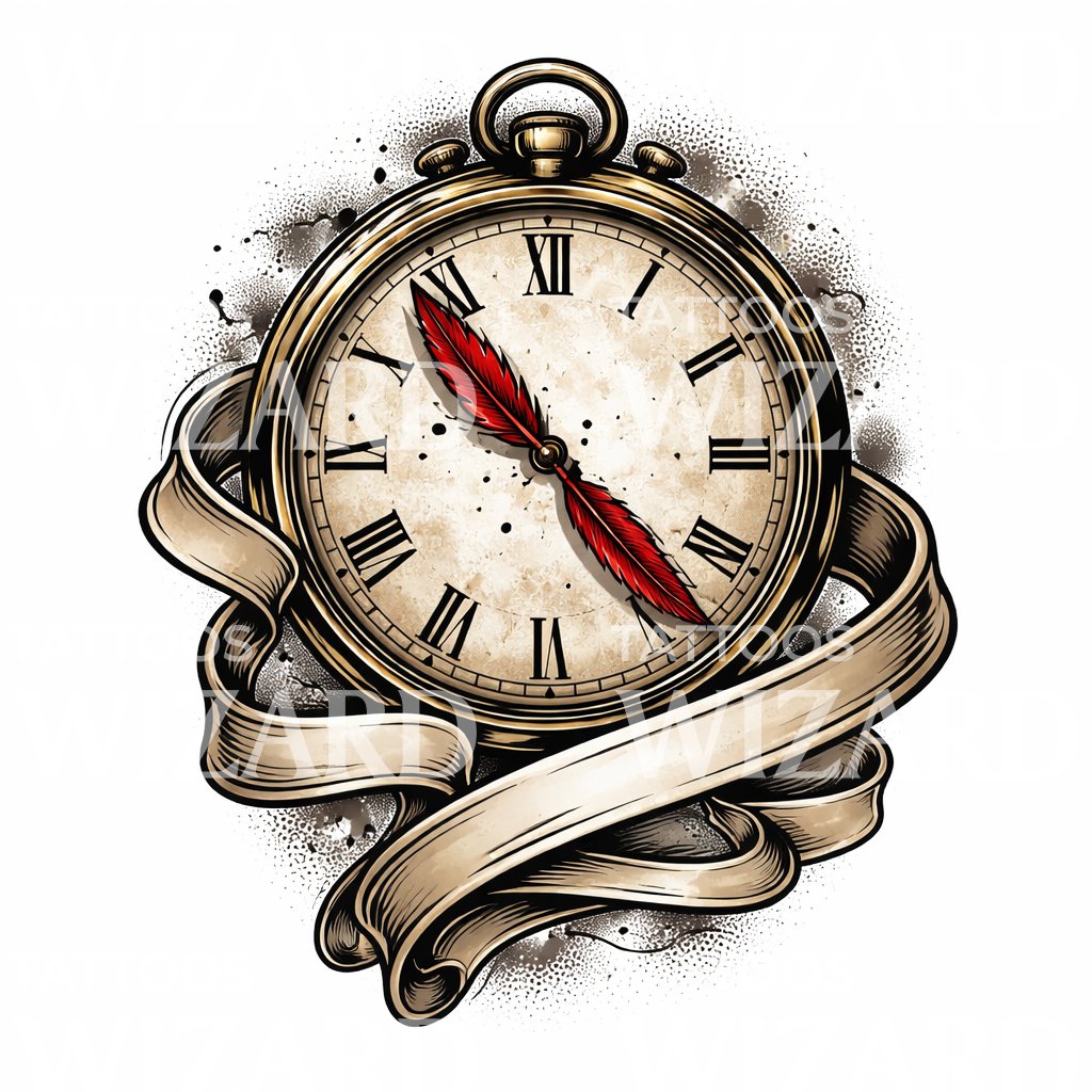 Pocket Watch Feather Tattoo Illustration