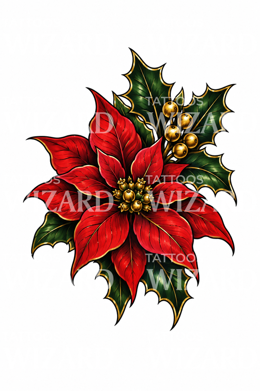 Desenho de tatuagem de poinsétia e azevinho dourado